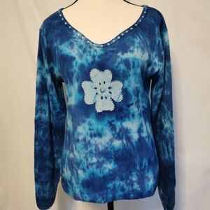 Gasoline Blue Tie-dyed V-Neck Long Sleeve Top with Bling - Sz S Open To Offers